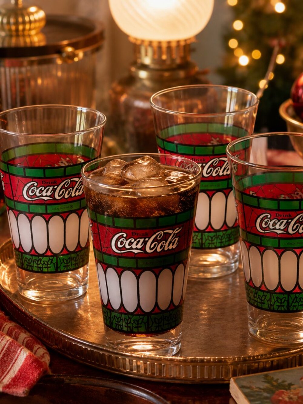 Vintage Coca Cola Tiffany Style Glasses Set of 4 Retro Stained Glass Tumblers